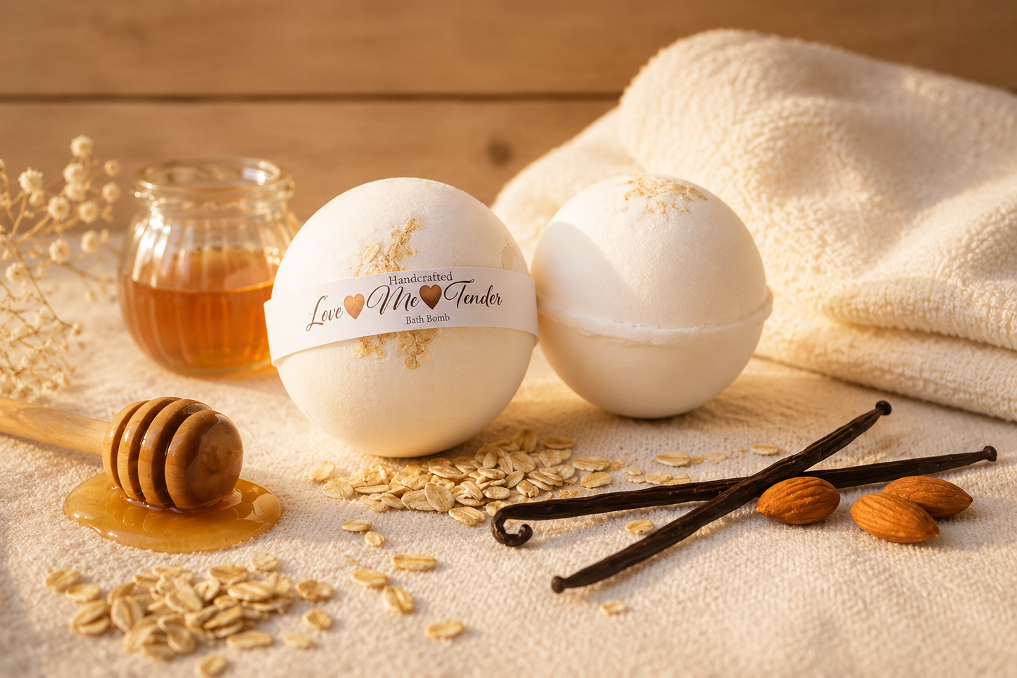 Love Me Tender bath bombs with oats, honey, vanilla, and almonds in a warm spa setting