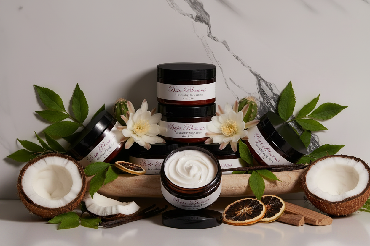 Handcrafted velvety body butters with coconut, citrus, and vanilla ingredients by Husk Her Happy