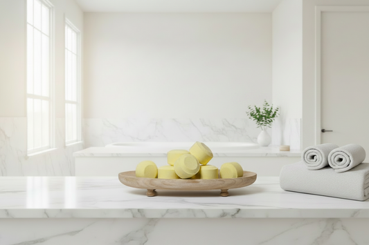 Citrus Menthol shower steamers by Husk Her Happy displayed on a wooden tray in a bright spa setting with white towels and subtle greenery.