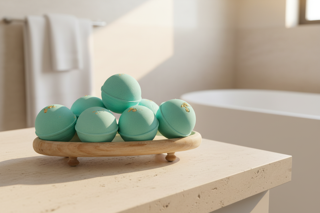 Crescent Moon Coast aqua bath bombs displayed on a wooden tray in a bright spa-inspired bathroom