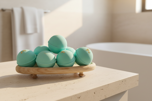 Crescent Moon Coast aqua bath bombs displayed on a wooden tray in a bright spa-inspired bathroom