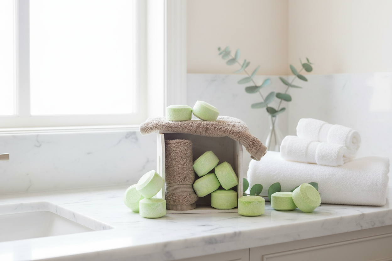 Eucalyptus Menthol shower steamers by Husk Her Happy displayed in a bright spa setting with soft white towels and eucalyptus greenery.