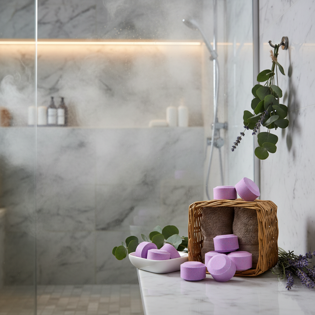 Purple Lavender Menthol Shower Steamers displayed in a relaxing spa shower setting with lavender and eucalyptus