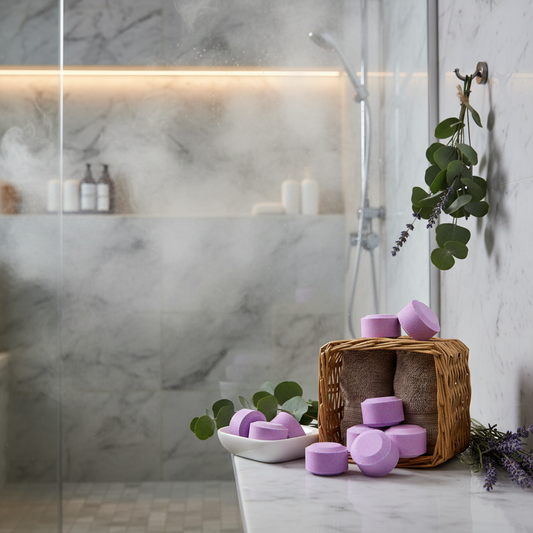 Purple Lavender Menthol Shower Steamers displayed in a relaxing spa shower setting with lavender and eucalyptus