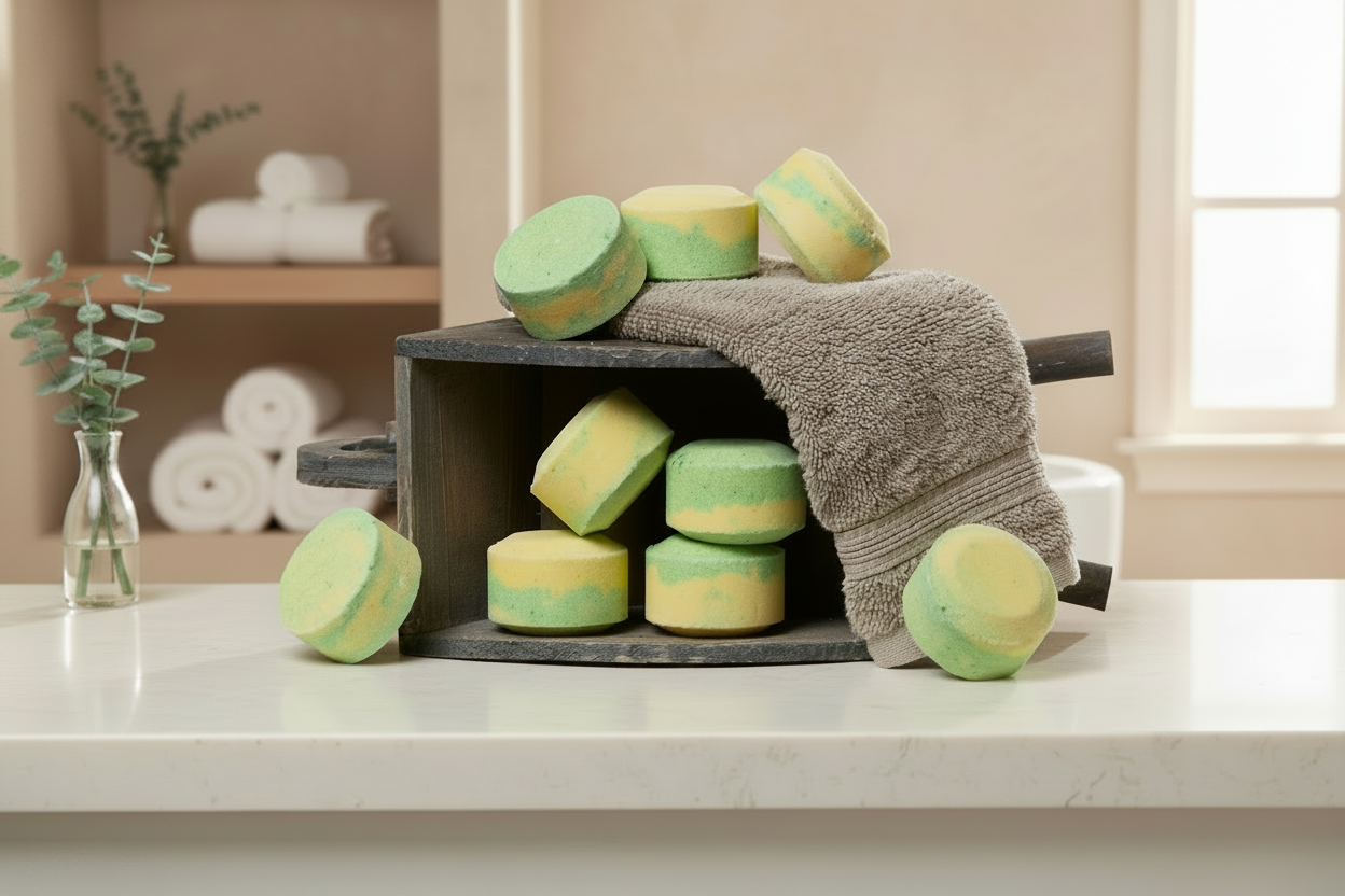 Lemongrass Spearmint Menthol shower steamers by Husk Her Happy, handcrafted aromatherapy shower steamers with refreshing lemongrass, spearmint and menthol.