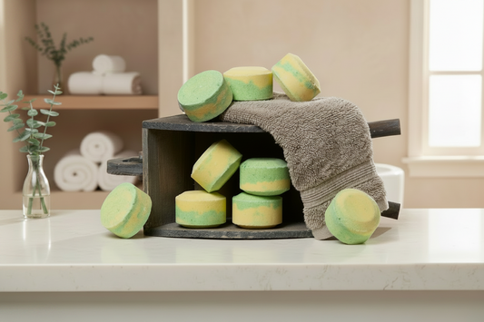 Lemongrass Spearmint Menthol shower steamers by Husk Her Happy, handcrafted aromatherapy shower steamers with refreshing lemongrass, spearmint and menthol.