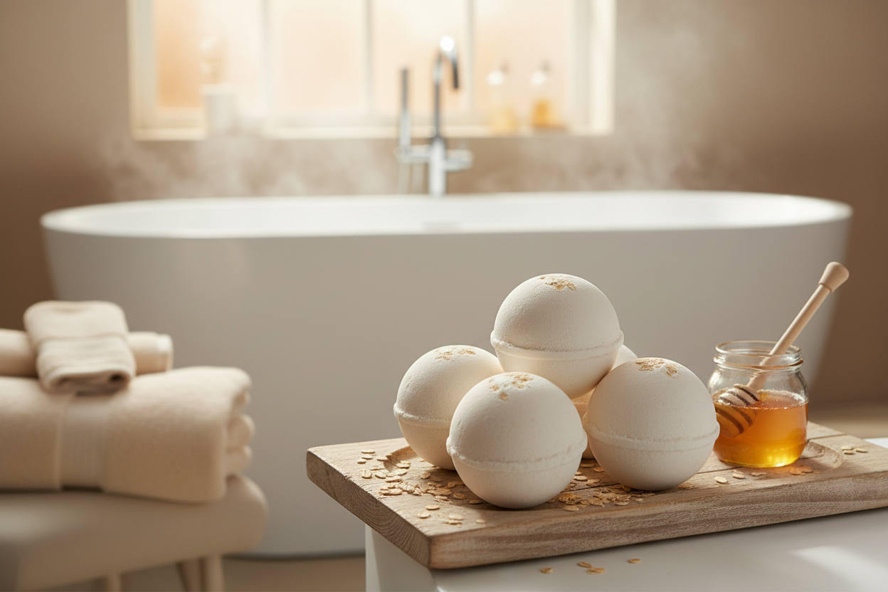 Love Me Tender bath bombs on a wooden tray with oats and honey in a warm spa bathroom setting